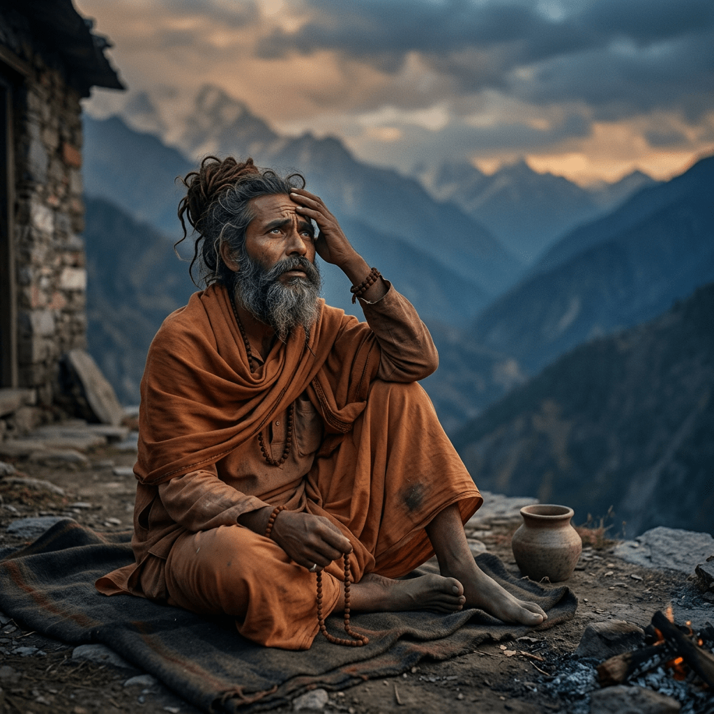 Sage in orange robes sitting on a blanket near a fire with mountains in the background