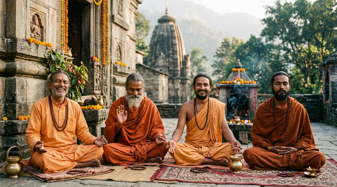 Four Indian yogis representing happiness, compassion, friendliness, indifference