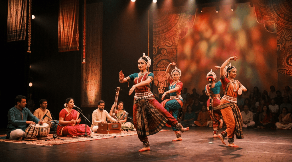 Four classical Indian dancers performing on stage with live musicians playing traditional instruments