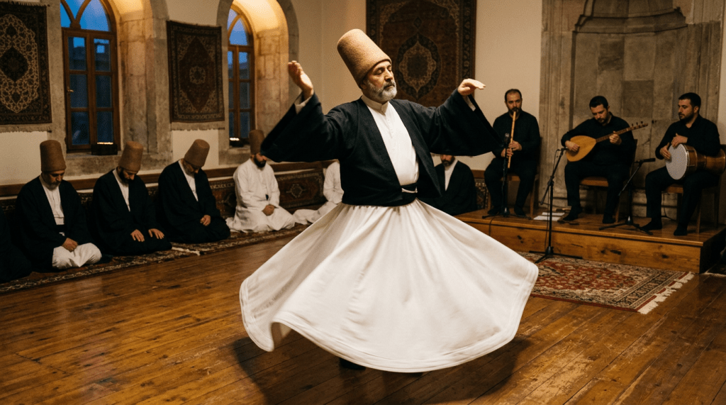 A whirling dervish spinning in traditional attire with musicians and seated followers in a historic room
