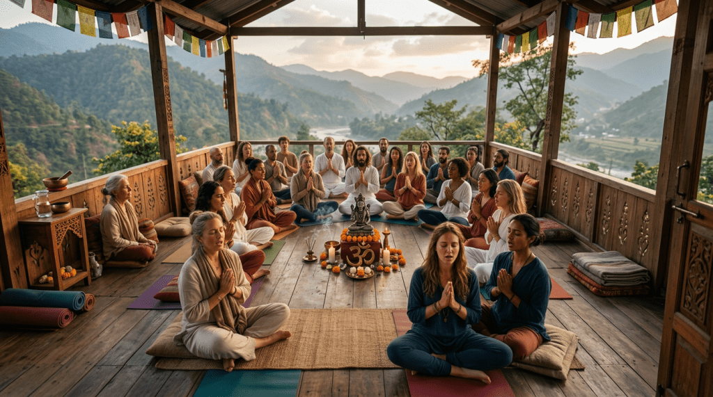 Group of people seated in a circle meditating with hands in prayer pose around a statue and candles.