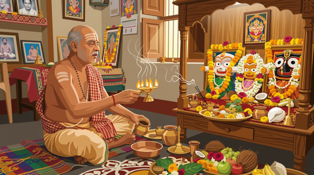 Elderly man holding a lit brass oil lamp during a Hindu prayer ritual at home altar with deity images and offerings