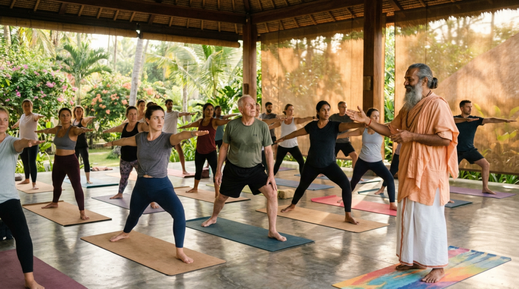 Group of people practicing yoga in warrior pose with instructor