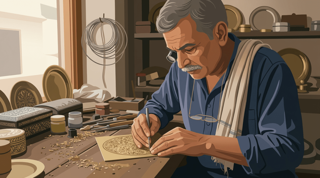 Artisan hand-engraving detailed design on brass plate with tools