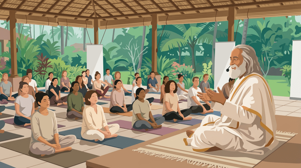 Yoga instructor speaking to seated participants in meditation session on mats