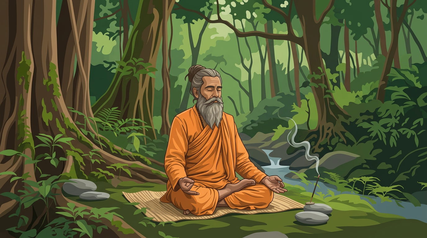 Man sitting cross-legged meditating on a mat in a green forest