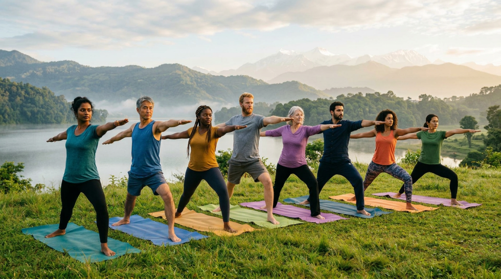 Seven people standing on yoga mats in warrior pose near a lake with mountains in the background