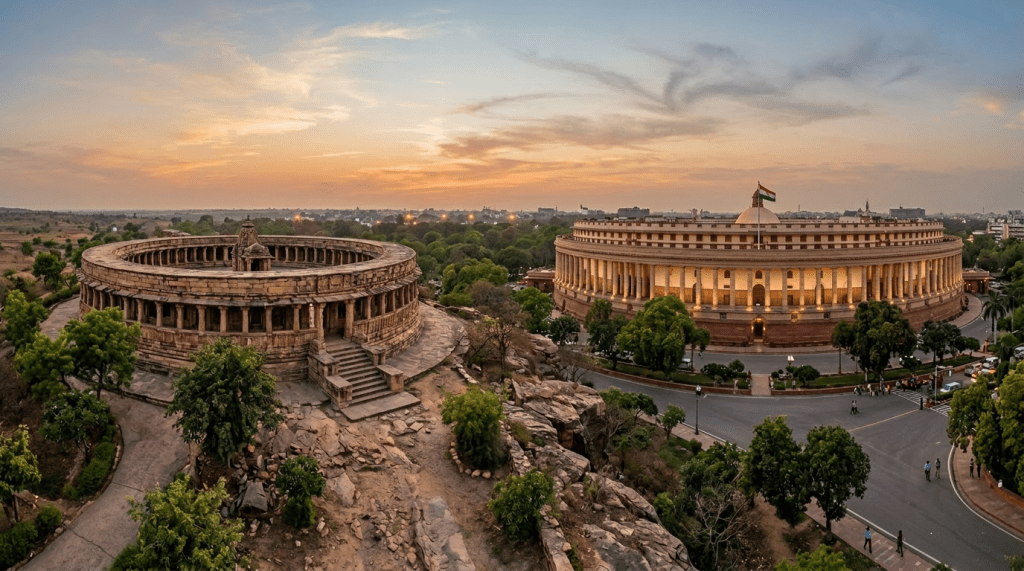 Ancient circular stone monument alongside modern Indian Parliament building with flag