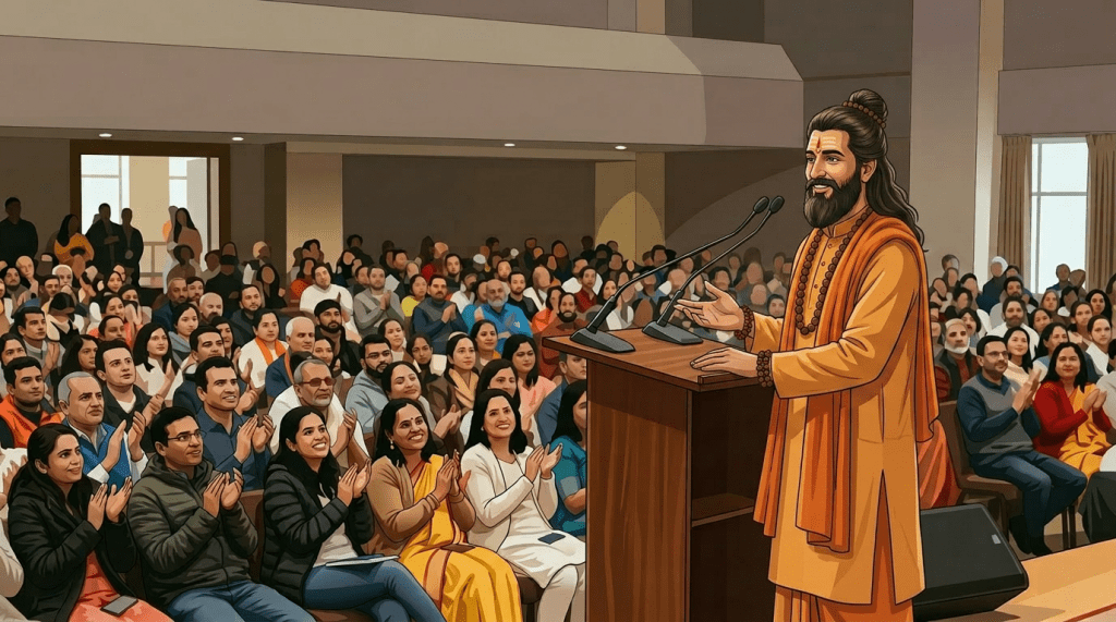 Sri Sri Ravi Shankar speaking at a podium in front of a large audience