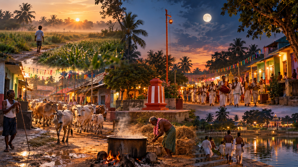 A serene rural landscape at sunrise featuring a boy walking along a path, lush fields, and cows, alongside a vibrant village scene with people walking in traditional attire during sunset, and a man working beside a cooking pot, framed by a peaceful lakeside view under a moonlit sky.